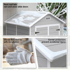 Outdoor storage shed with snow on the roof, gloves for installation, and corner protectors.