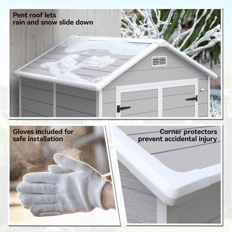 Outdoor storage shed with snow on the roof, gloves for installation, and corner protectors.