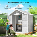 Resin construction shed with two people interacting in a garden setting, featuring waterproof, UV-resistant, and rust-proof properties.