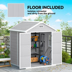 Gray storage shed with open doors showing interior, surrounded by greenery.