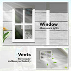 Window with decorative design and text about natural light and odor prevention, with a smaller inset showing a vent.