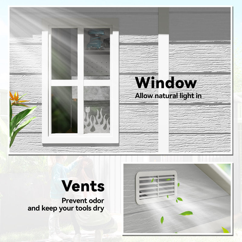 Window with decorative design and text about natural light and odor prevention, with a smaller inset showing a vent.