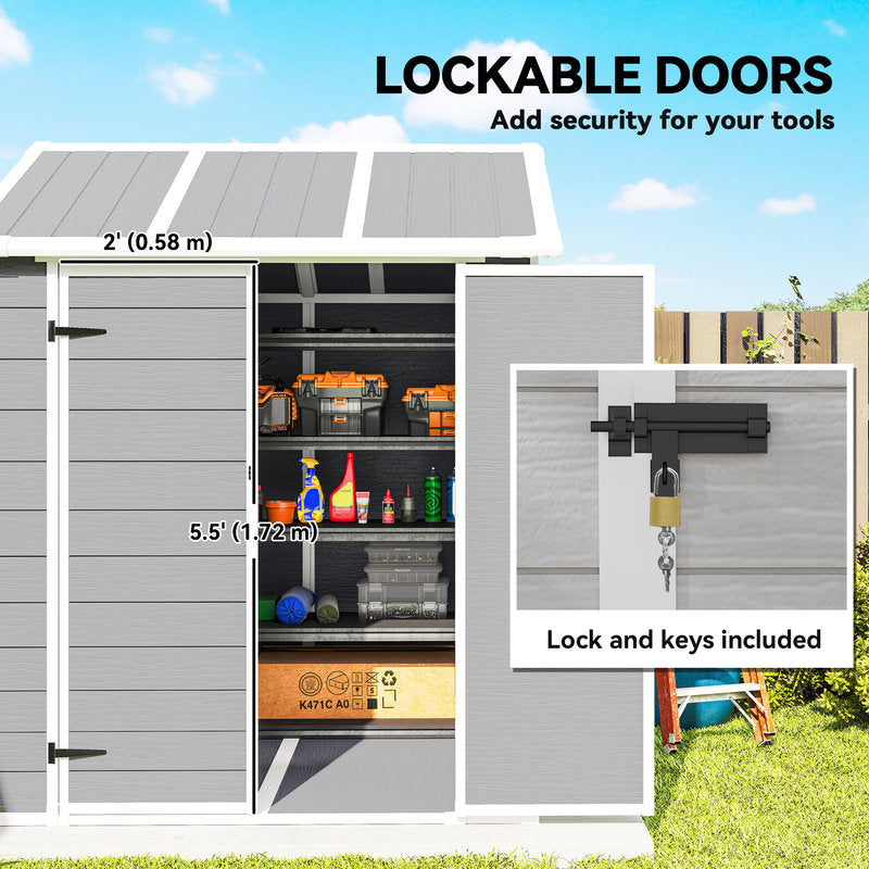 Storage shed with lockable doors, showing interior space and lock mechanism, with text highlighting features.