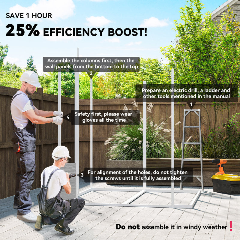 Two people assembling a metal frame in a backyard with text on efficiency boost and assembly instructions.