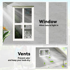 Collage of a window and vents with text on gray textured background