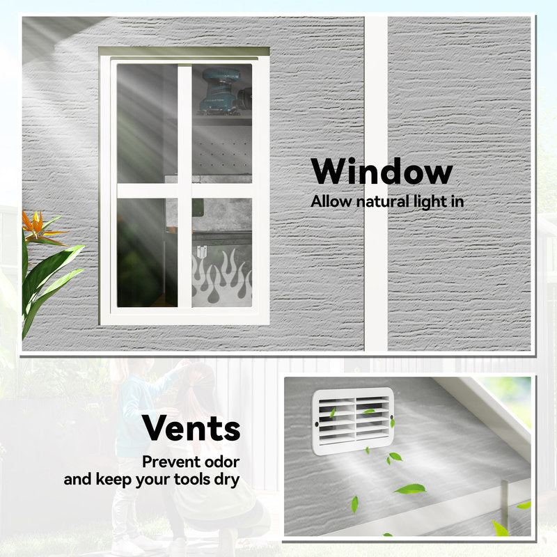 Collage of a window and vents with text on gray textured background