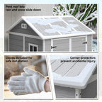 Collage of a storage shed with features highlighted, including a pent roof, gloves for installation, and corner protectors.