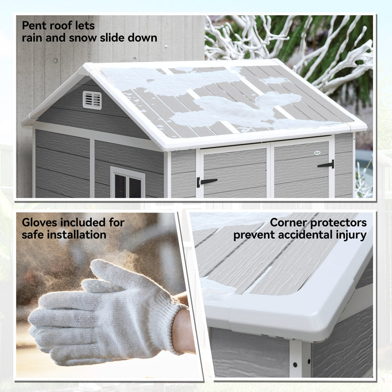 Collage of a storage shed with features highlighted, including a pent roof, gloves for installation, and corner protectors.