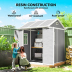 Resin construction shed with two people interacting in a garden setting, featuring waterproof, UV-resistant, and rust-proof properties.