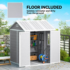Outdoor storage shed with open doors showing contents, set against a garden backdrop.