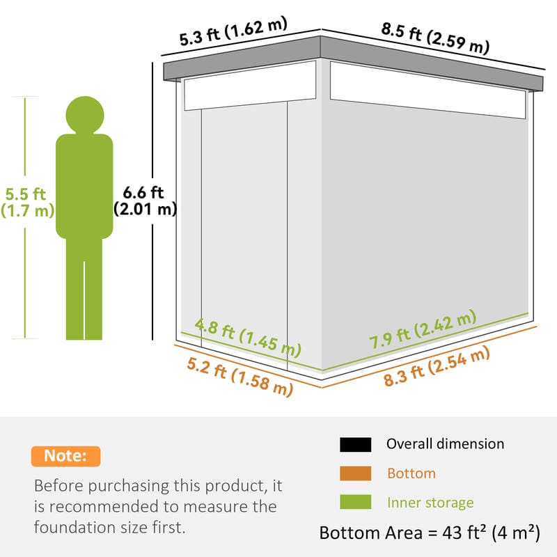 Measurement chart of a storage shed with dimensions labeled, including a person for scale.