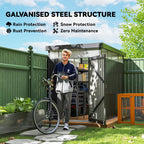 Man with bicycle entering 5.3 x 8.5ft galvanised steel garden shed with key features highlighted