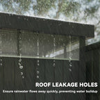 Close-up of galvanised steel shed roof drainage holes preventing water buildup