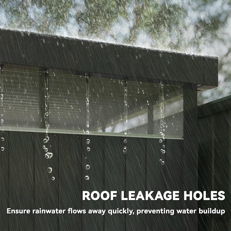 Close-up of galvanised steel shed roof drainage holes preventing water buildup