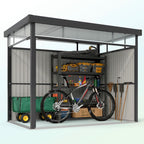 Portable storage shed with a bicycle, tools, and supplies inside on a white background
