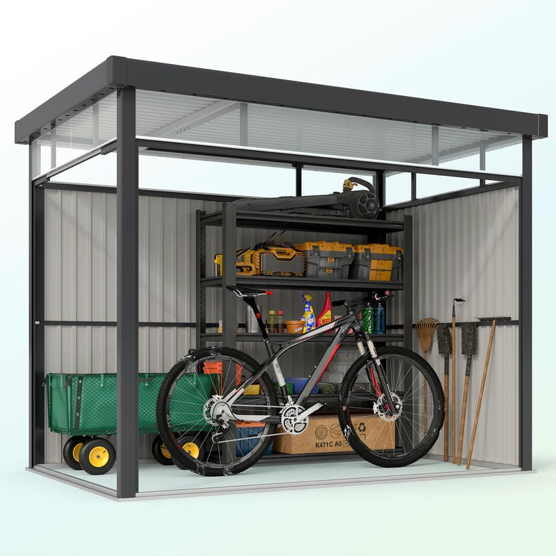Portable storage shed with a bicycle, tools, and supplies inside on a white background