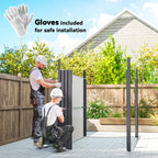 Two people assembling a galvanised steel garden shed with gloves included for safe installation