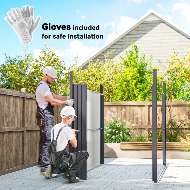 Two people assembling a galvanised steel garden shed with gloves included for safe installation