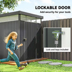 Dark grey galvanised steel garden shed with lockable wide door in a garden setting