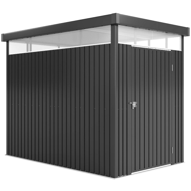 Dark grey galvanised steel garden shed with lockable door on white background