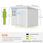 Measurement diagram of 8.5 x 6ft galvanised steel garden shed with dimensions and person for scale