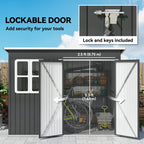 Storage shed with lockable door feature, showing dimensions and included lock and keys.