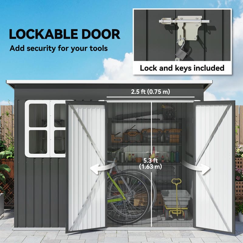 Storage shed with lockable door feature, showing dimensions and included lock and keys.