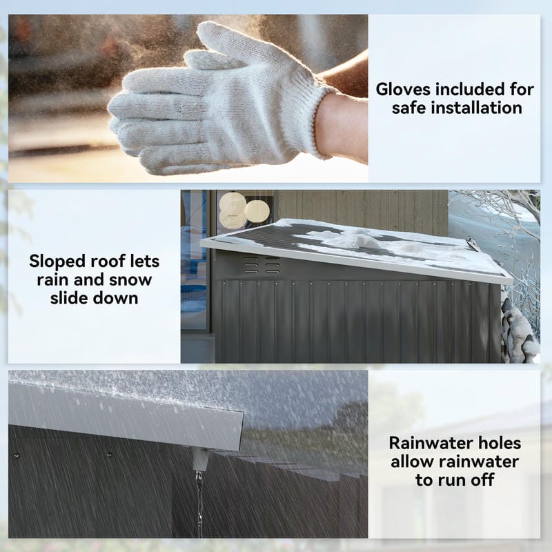 Galvanised steel shed roof drainage holes and installation gloves included for safe assembly