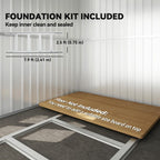 Wooden floor board with metal frame and text about foundation kit and dimensions.
