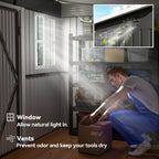 Person organizing items in a storage shed with text about window and vent benefits.