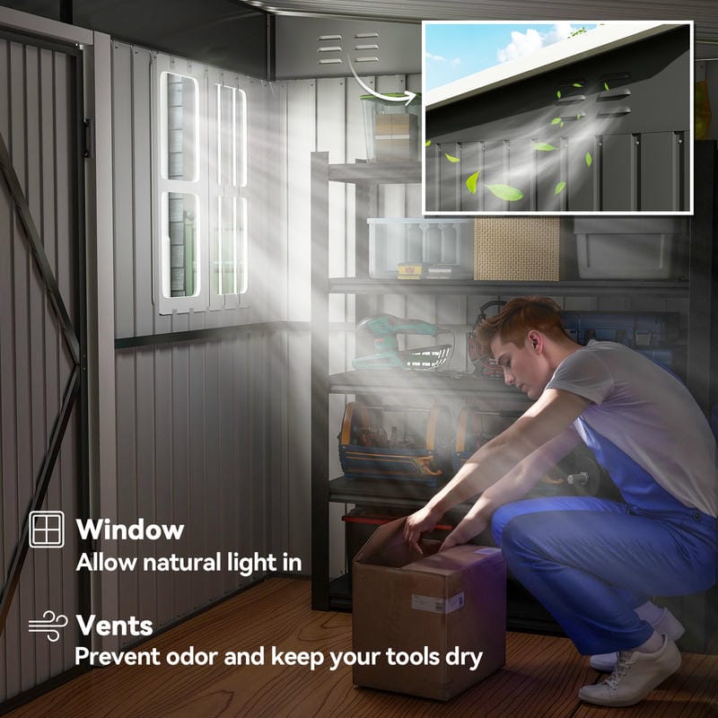 Person organizing items in a storage shed with text about window and vent benefits.