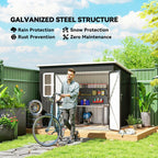 Man with a bicycle in front of a storage shed with text about galvanized steel structure benefits.