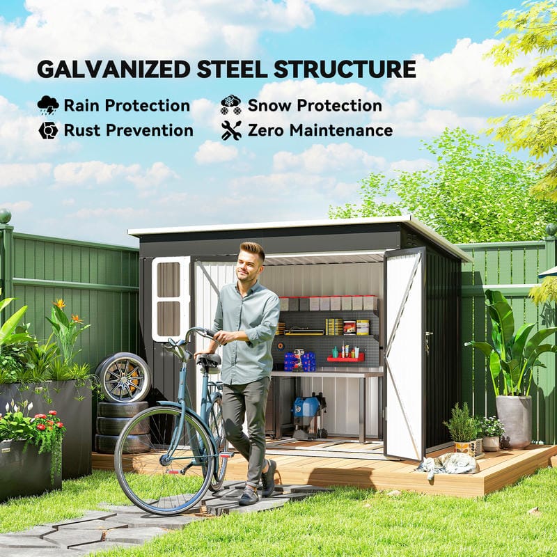 Man with a bicycle in front of a storage shed with text about galvanized steel structure benefits.