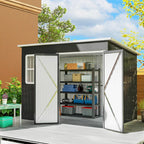 Storage shed with open doors showing organized shelves and items, set against a clear blue sky.