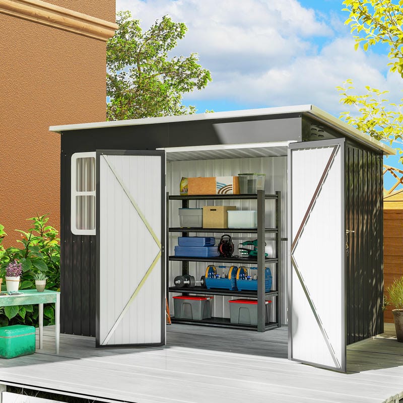 Storage shed with open doors showing organized shelves and items, set against a clear blue sky.