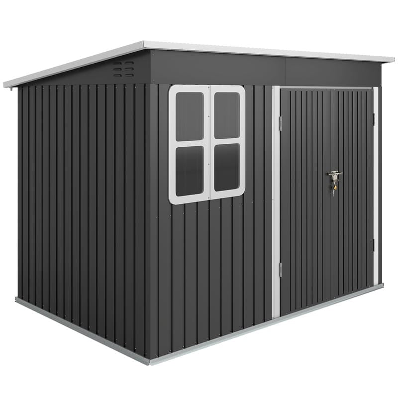 Dark grey galvanised steel garden shed with window and lockable door on white background Main image