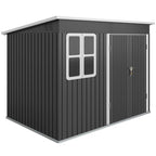 Dark grey galvanised steel garden shed with window and lockable door on white background