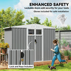 Light grey galvanised steel garden shed with lockable double doors and installation gloves included