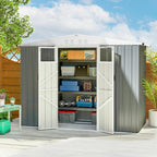 Metal storage shed with open doors showing organized shelves against a clear sky.