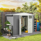 Light grey galvanised steel garden shed with open door in a backyard setting