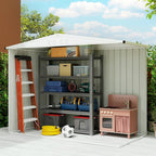 Outdoor storage shed with shelves and a ladder, containing various items including a toy kitchen set.