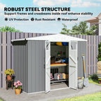 Light grey galvanised steel garden shed with open double doors and garden tools inside on a sunny day