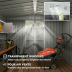 Storage shed interior with transparent windows and air vents, featuring a lawnmower.