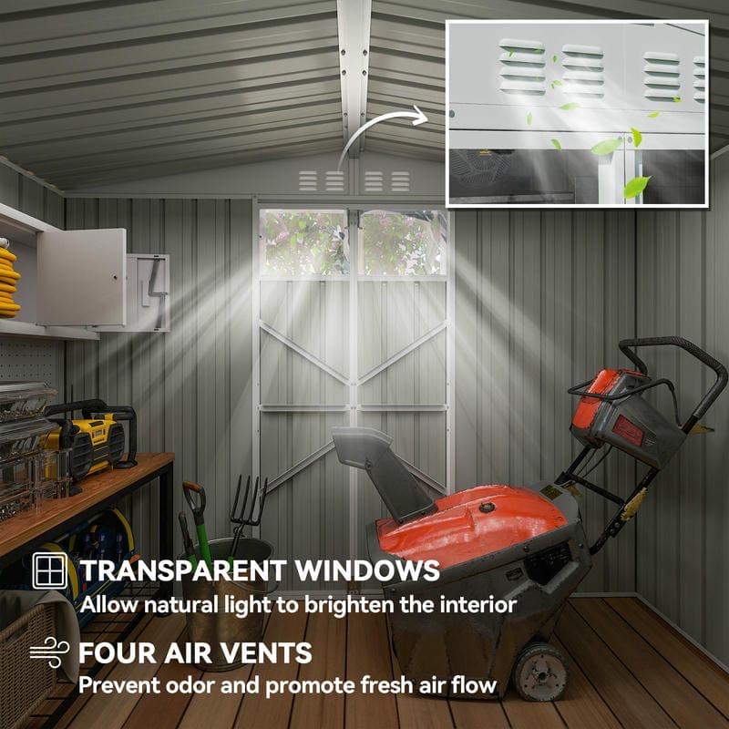 Storage shed interior with transparent windows and air vents, featuring a lawnmower.