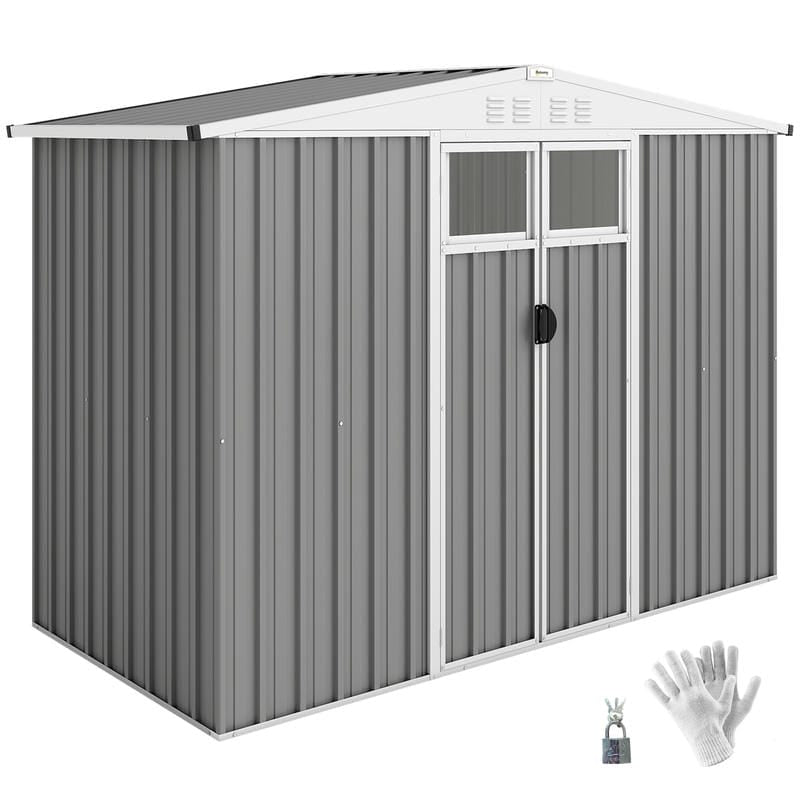 Light grey galvanised steel garden shed with double doors and windows on white background Main image