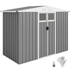 Light grey galvanised steel garden shed with double doors and windows on white background