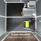 Storage unit with shelves and a yellow hose reel, featuring text about floor inclusion.