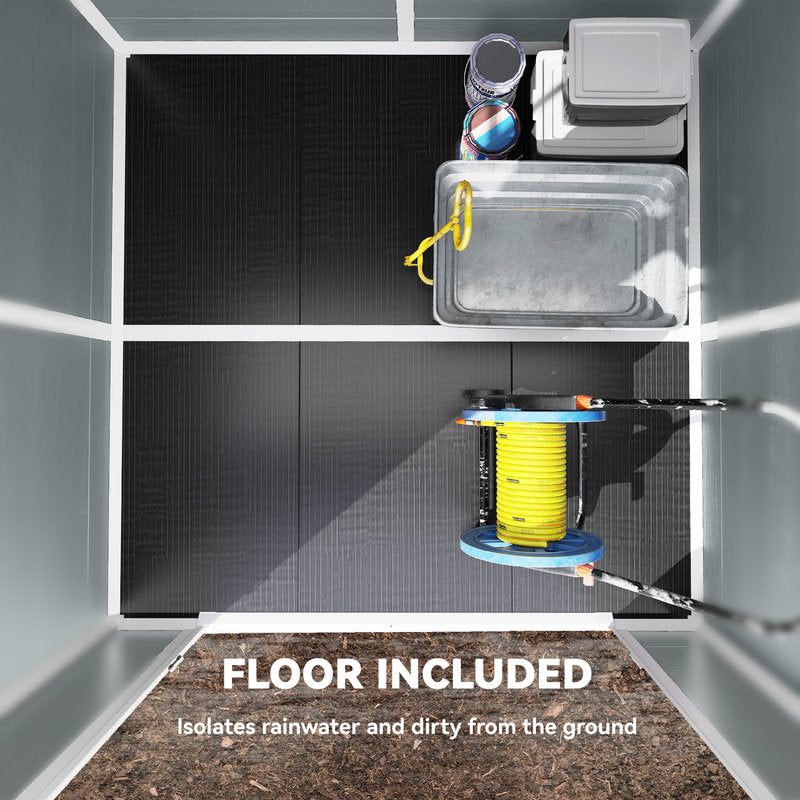Storage unit with shelves and a yellow hose reel, featuring text about floor inclusion.
