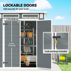 Outdoor storage shed with lockable doors, showing interior and lock details.