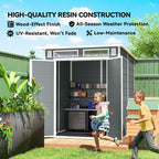 Children playing in front of a garden shed with high-quality resin construction features highlighted.